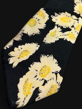 Vintage 90s Hugo Boss Silk Tie - Black & Yellow Sunflower Daisy Print